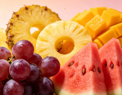 Cut watermelon, a bunch of red grapes, pineapple rings and diced mango
